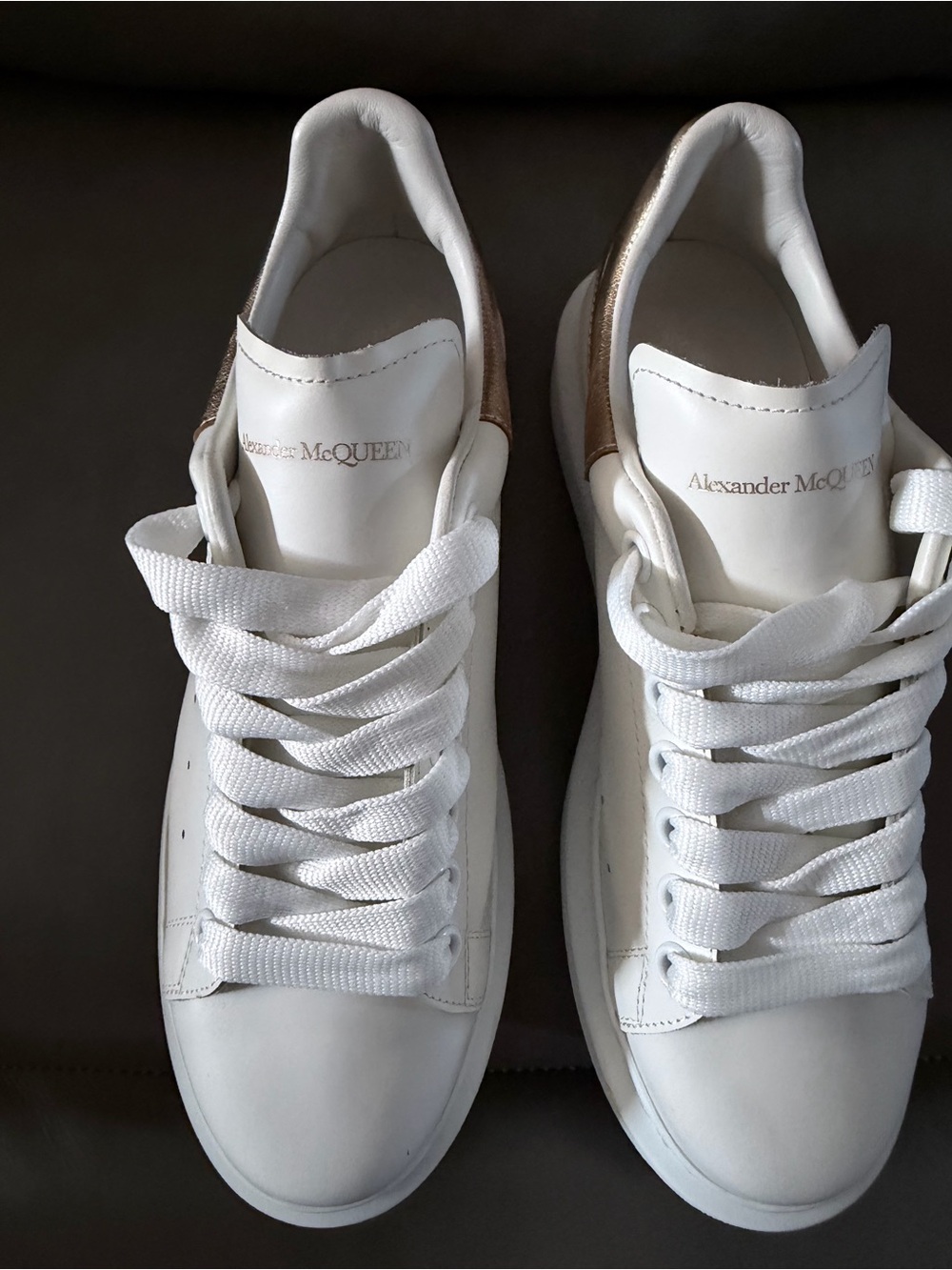 Women’s Alexander McQueen White Leather Sneakers with Gold Heel Tab